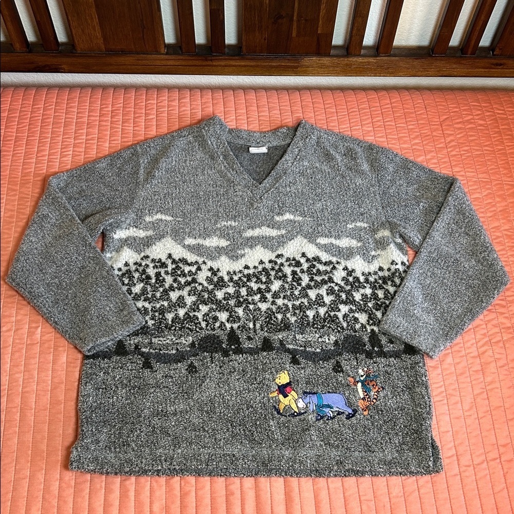 Vintage 90s Disney Catalog Pooh Eeyore Tigger Winter Mountain sweater gray sz L - Picture 13 of 14